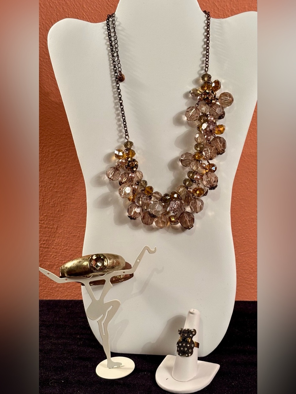 LOFT Statement Necklace + Bracelet & Teddy Bear Ring Coordinated Jewelry Set